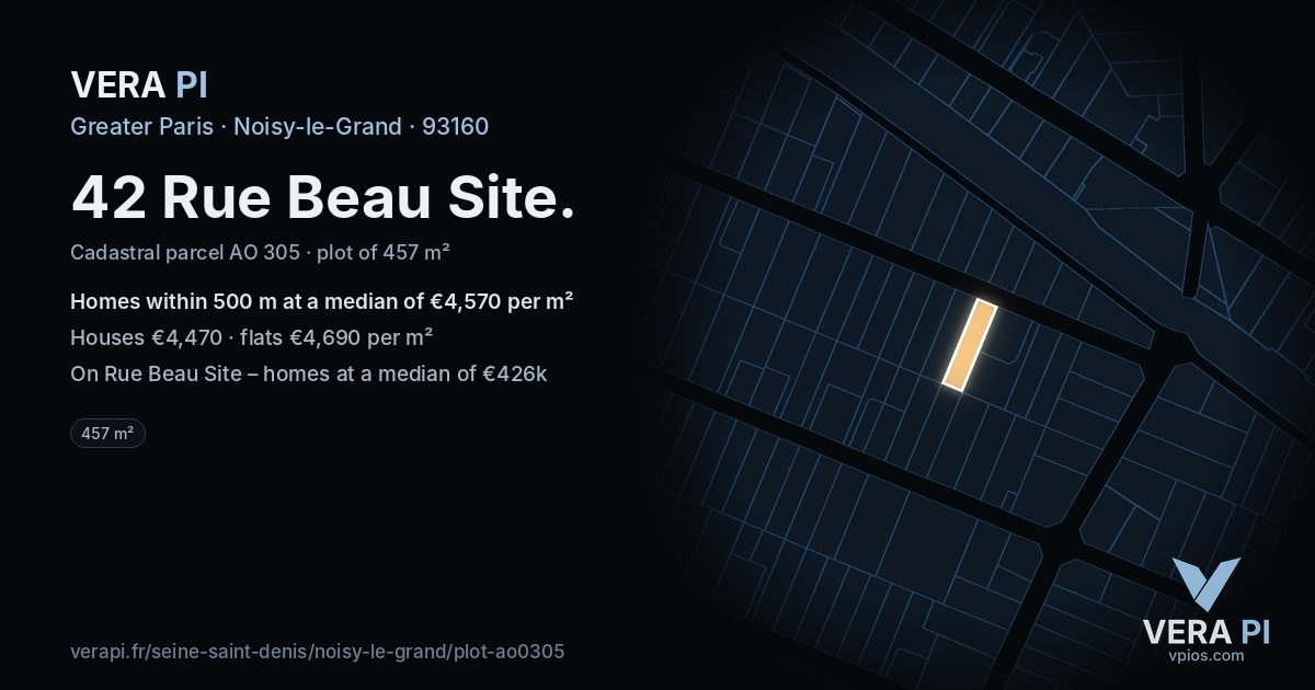 42 Rue Beau Site, Noisy-le-Grand at night – the plot lit, the parcels around coloured by the prices near them