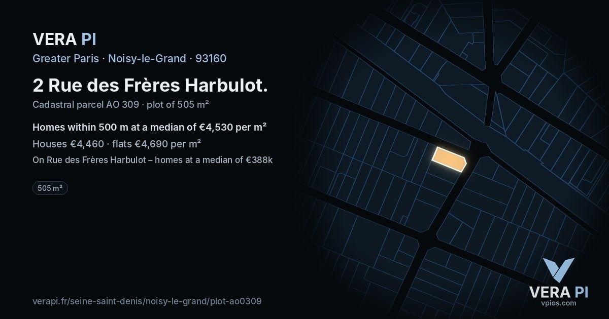 2 Rue des Frères Harbulot, Noisy-le-Grand at night – the plot lit, the parcels around coloured by the prices near them