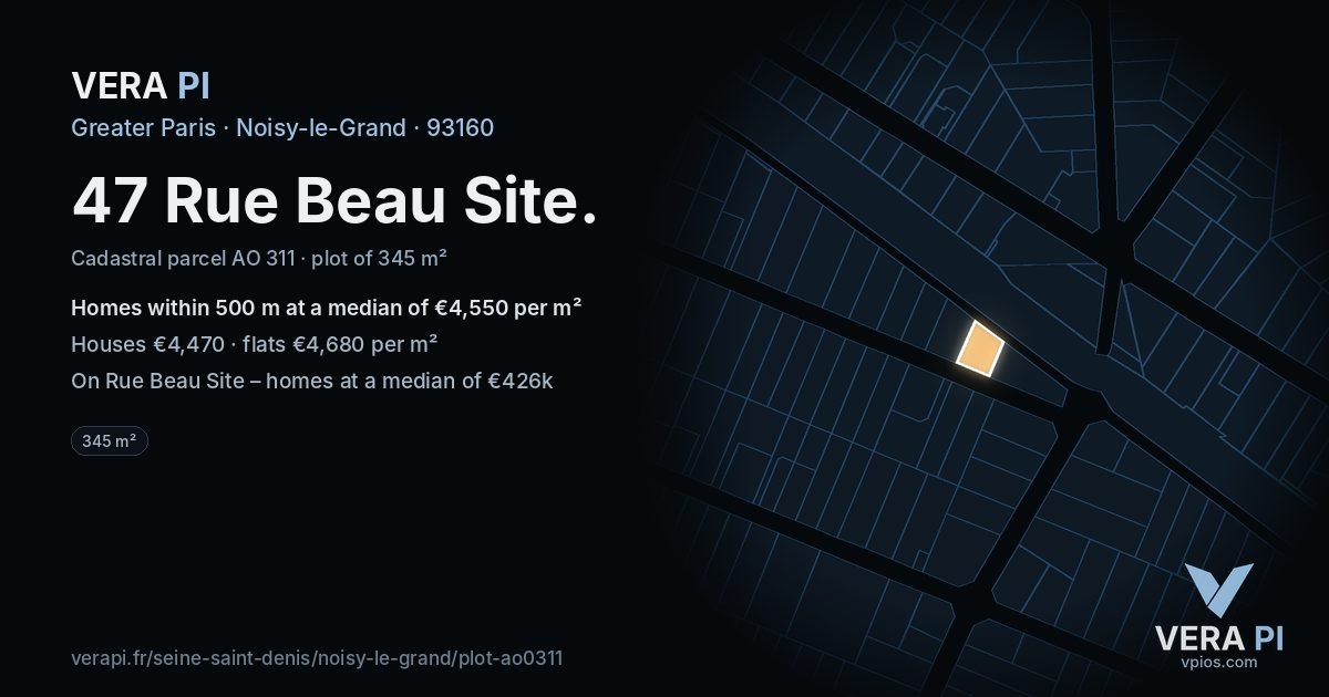 47 Rue Beau Site, Noisy-le-Grand at night – the plot lit, the parcels around coloured by the prices near them