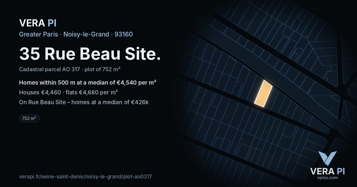 35 Rue Beau Site, Noisy-le-Grand at night – the plot lit, the parcels around coloured by the prices near them