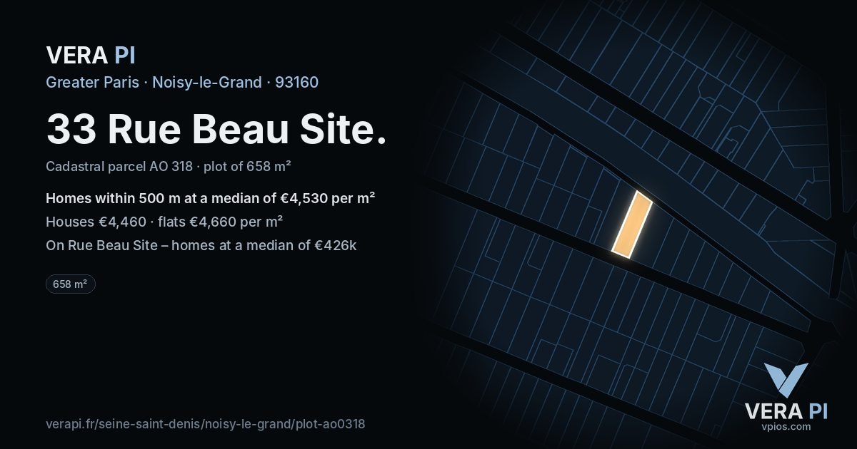 33 Rue Beau Site, Noisy-le-Grand at night – the plot lit, the parcels around coloured by the prices near them