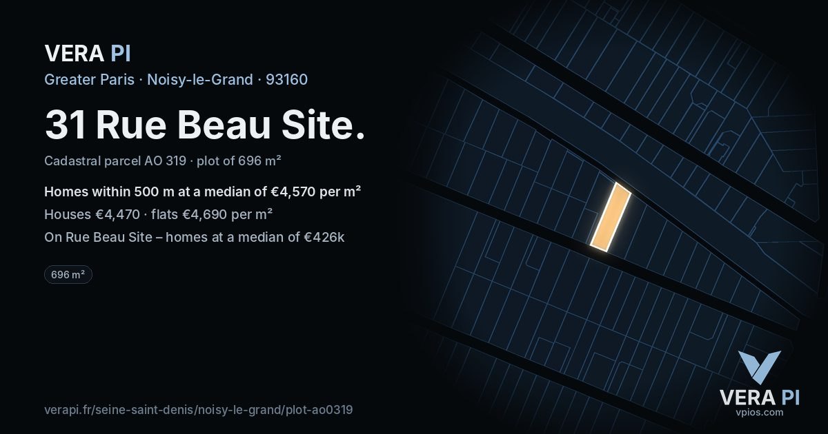 31 Rue Beau Site, Noisy-le-Grand at night – the plot lit, the parcels around coloured by the prices near them