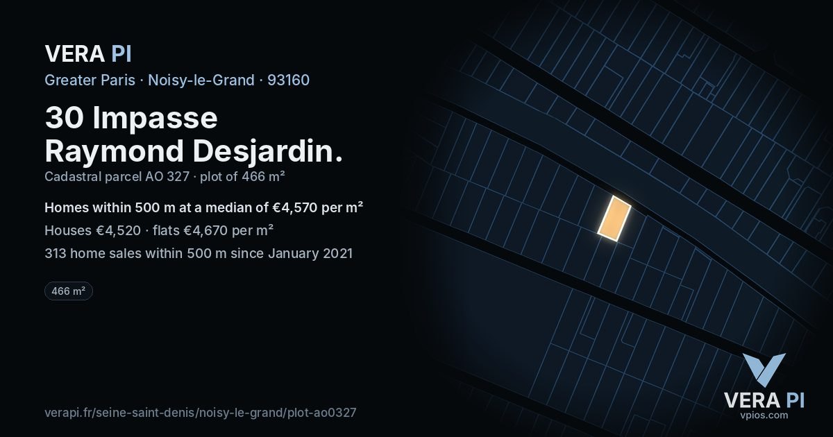 30 Impasse Raymond Desjardin, Noisy-le-Grand at night – the plot lit, the parcels around coloured by the prices near them