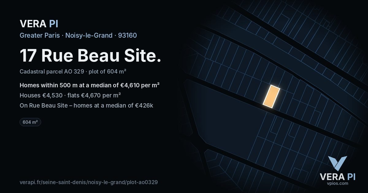 17 Rue Beau Site, Noisy-le-Grand at night – the plot lit, the parcels around coloured by the prices near them