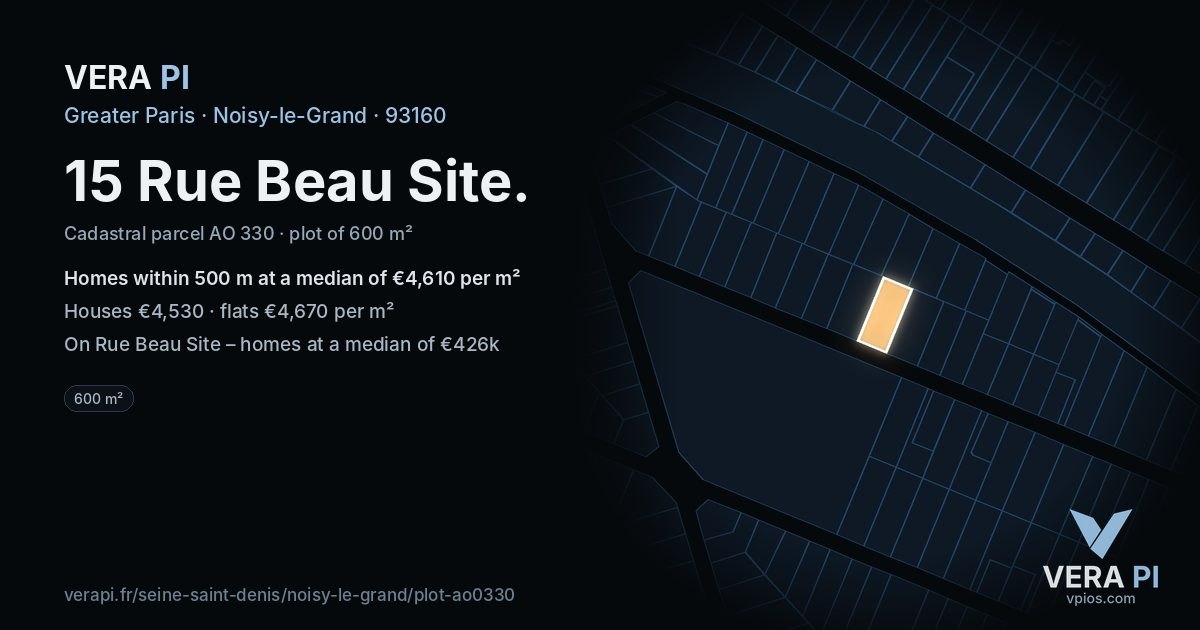 15 Rue Beau Site, Noisy-le-Grand at night – the plot lit, the parcels around coloured by the prices near them