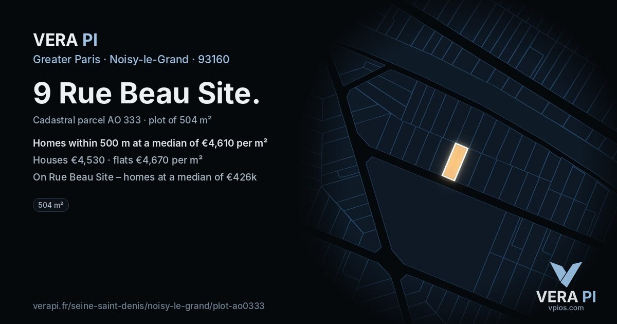 9 Rue Beau Site, Noisy-le-Grand at night – the plot lit, the parcels around coloured by the prices near them