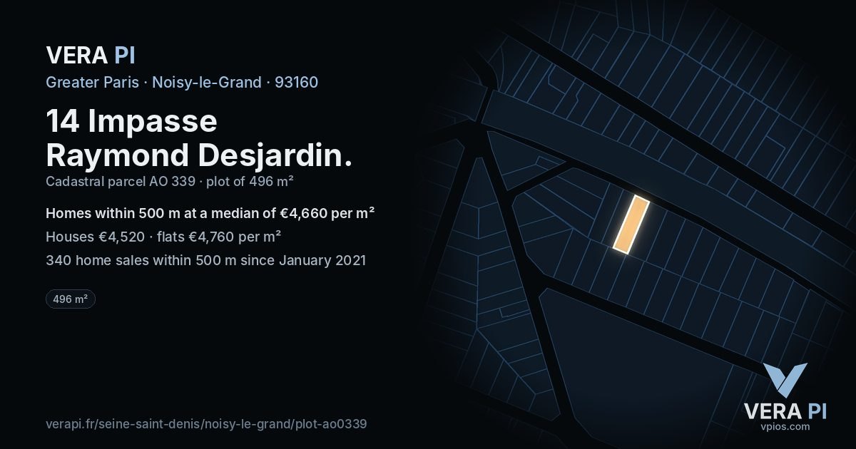 14 Impasse Raymond Desjardin, Noisy-le-Grand at night – the plot lit, the parcels around coloured by the prices near them