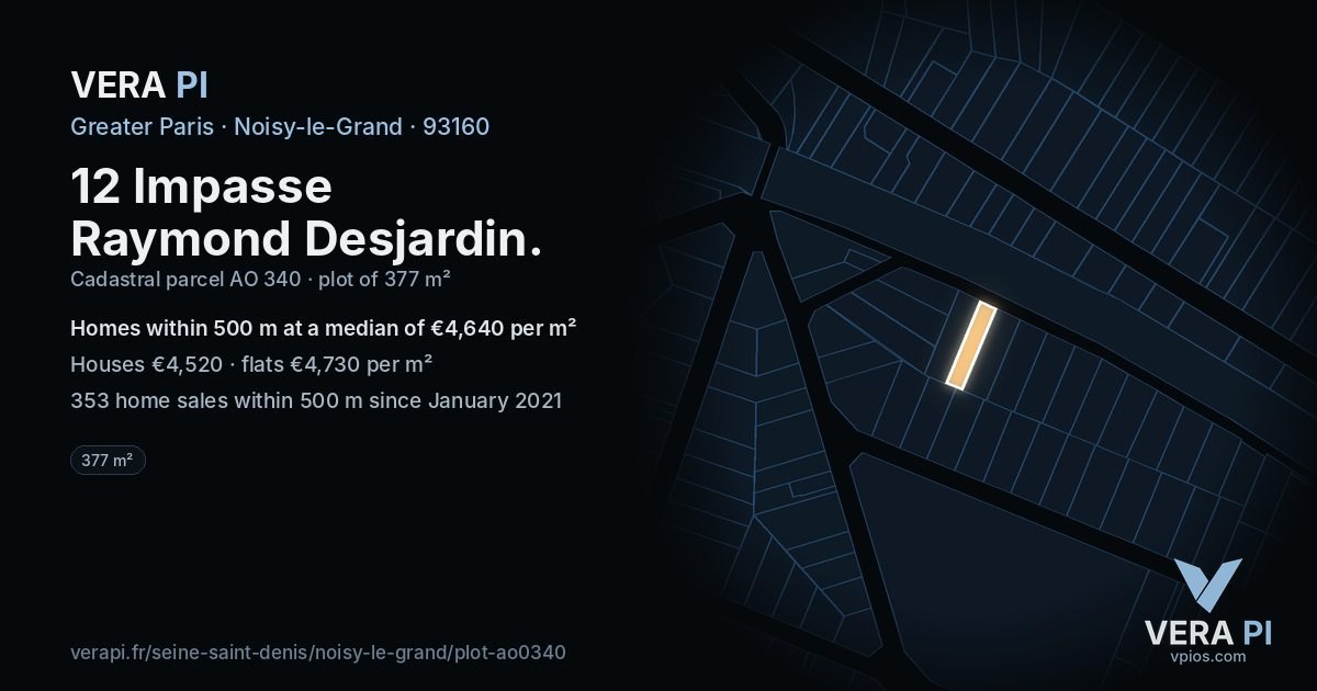 12 Impasse Raymond Desjardin, Noisy-le-Grand at night – the plot lit, the parcels around coloured by the prices near them