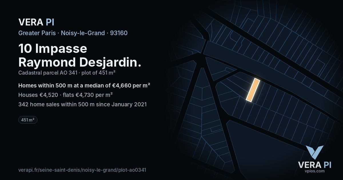 10 Impasse Raymond Desjardin, Noisy-le-Grand at night – the plot lit, the parcels around coloured by the prices near them
