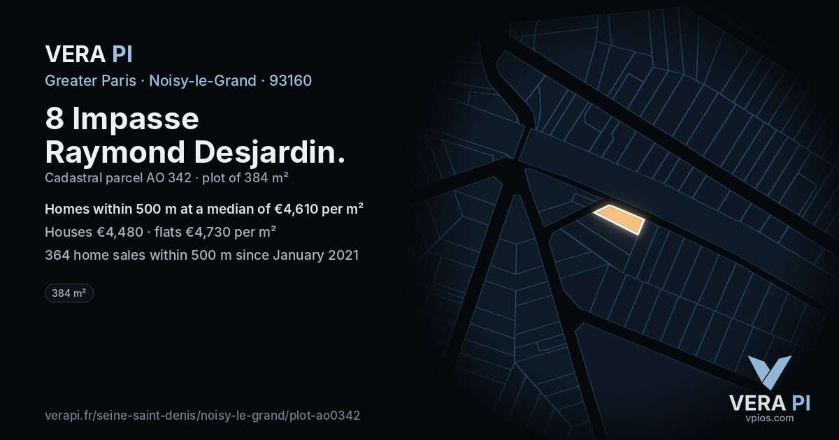 8 Impasse Raymond Desjardin, Noisy-le-Grand at night – the plot lit, the parcels around coloured by the prices near them
