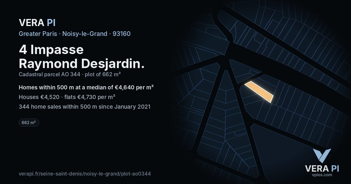 4 Impasse Raymond Desjardin, Noisy-le-Grand at night – the plot lit, the parcels around coloured by the prices near them