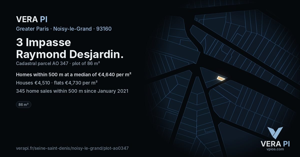 3 Impasse Raymond Desjardin, Noisy-le-Grand at night – the plot lit, the parcels around coloured by the prices near them