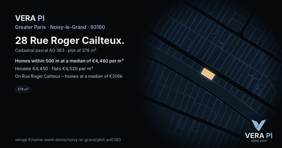 28 Rue Roger Cailteux, Noisy-le-Grand at night – the plot lit, the parcels around coloured by the prices near them