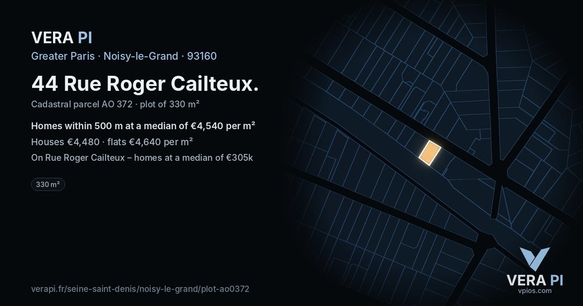 44 Rue Roger Cailteux, Noisy-le-Grand at night – the plot lit, the parcels around coloured by the prices near them