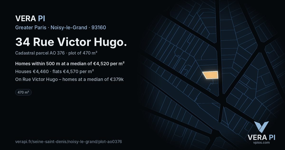 34 Rue Victor Hugo, Noisy-le-Grand at night – the plot lit, the parcels around coloured by the prices near them
