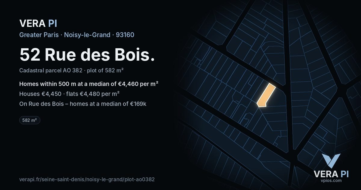 52 Rue des Bois, Noisy-le-Grand at night – the plot lit, the parcels around coloured by the prices near them