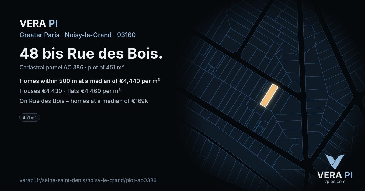 48 bis Rue des Bois, Noisy-le-Grand at night – the plot lit, the parcels around coloured by the prices near them