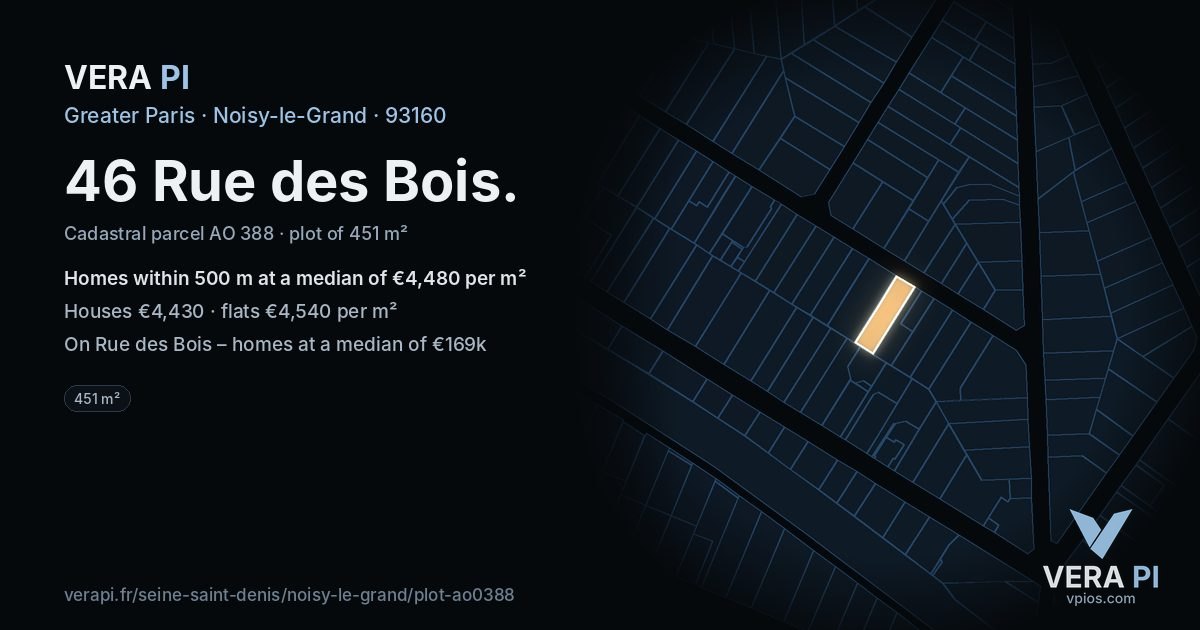 46 Rue des Bois, Noisy-le-Grand at night – the plot lit, the parcels around coloured by the prices near them