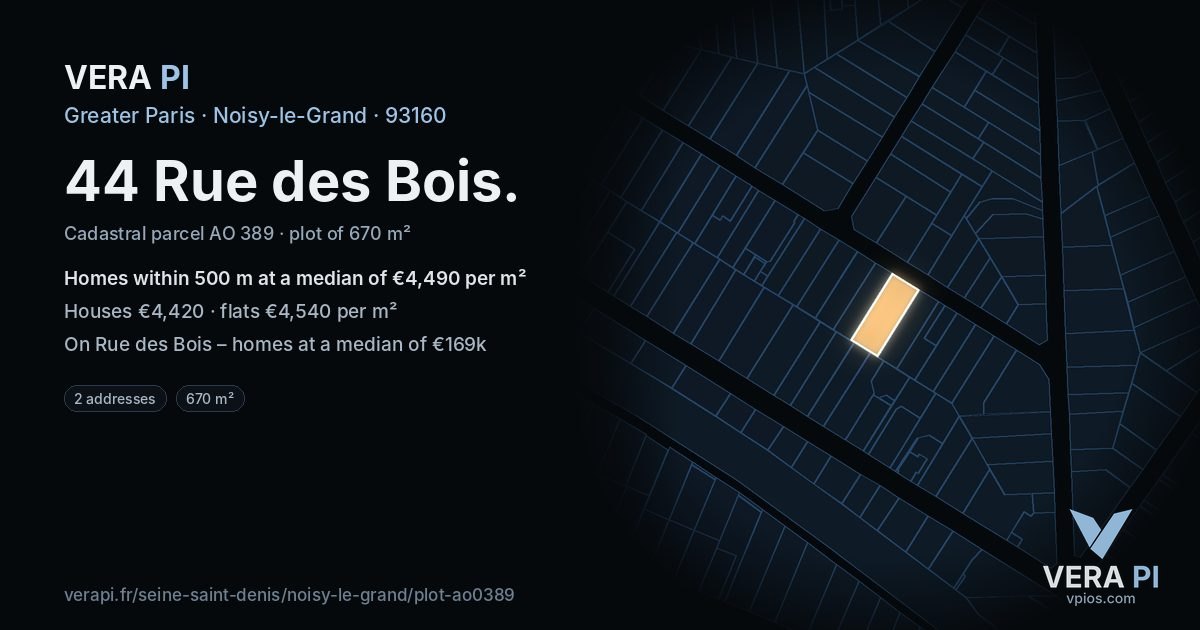 44 Rue des Bois, Noisy-le-Grand at night – the plot lit, the parcels around coloured by the prices near them