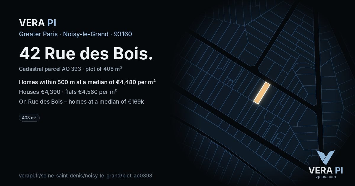 42 Rue des Bois, Noisy-le-Grand at night – the plot lit, the parcels around coloured by the prices near them