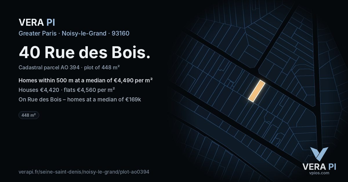 40 Rue des Bois, Noisy-le-Grand at night – the plot lit, the parcels around coloured by the prices near them