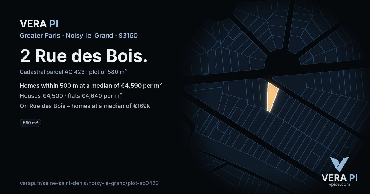 2 Rue des Bois, Noisy-le-Grand at night – the plot lit, the parcels around coloured by the prices near them