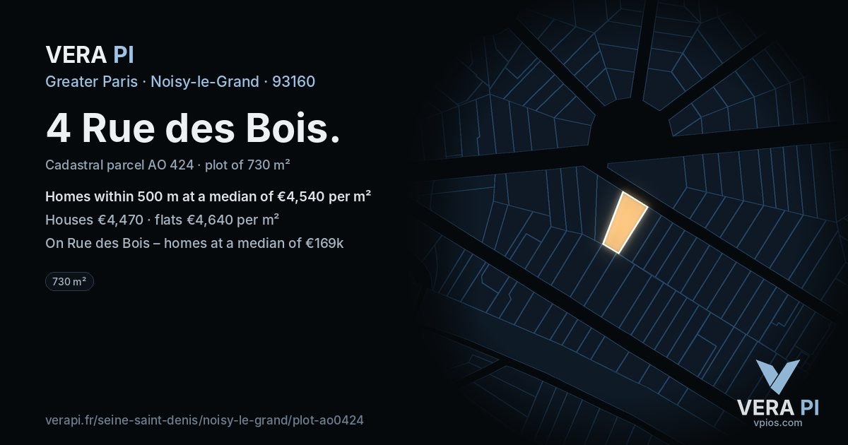 4 Rue des Bois, Noisy-le-Grand at night – the plot lit, the parcels around coloured by the prices near them