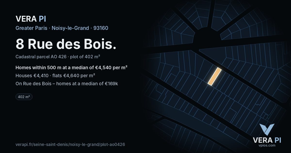 8 Rue des Bois, Noisy-le-Grand at night – the plot lit, the parcels around coloured by the prices near them