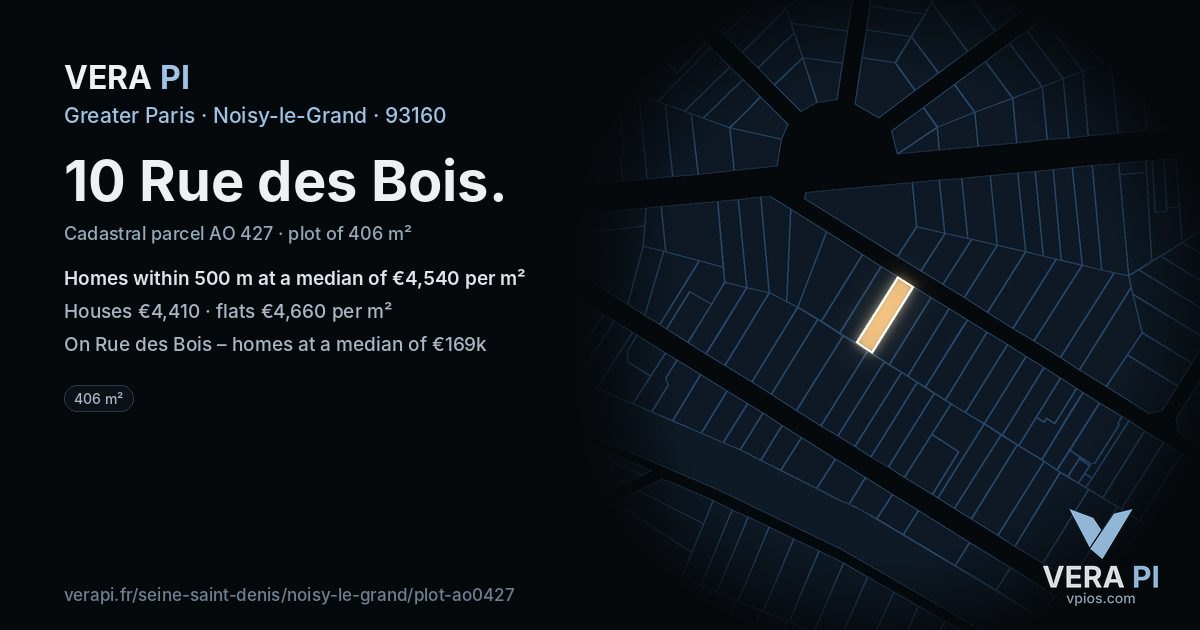 10 Rue des Bois, Noisy-le-Grand at night – the plot lit, the parcels around coloured by the prices near them