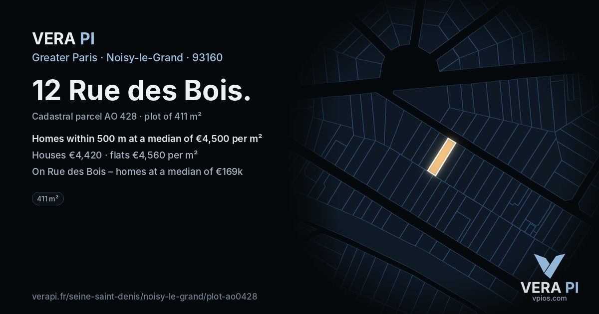 12 Rue des Bois, Noisy-le-Grand at night – the plot lit, the parcels around coloured by the prices near them