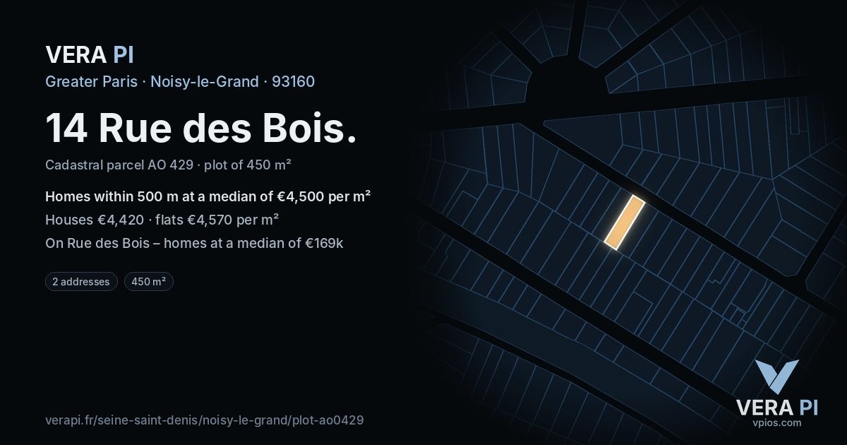 14 Rue des Bois, Noisy-le-Grand at night – the plot lit, the parcels around coloured by the prices near them