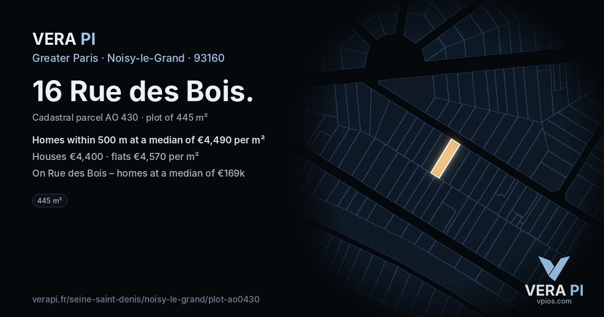 16 Rue des Bois, Noisy-le-Grand at night – the plot lit, the parcels around coloured by the prices near them