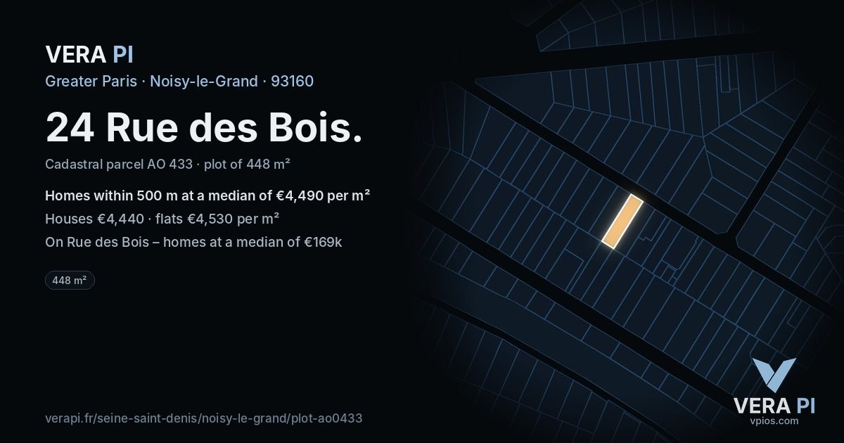 24 Rue des Bois, Noisy-le-Grand at night – the plot lit, the parcels around coloured by the prices near them