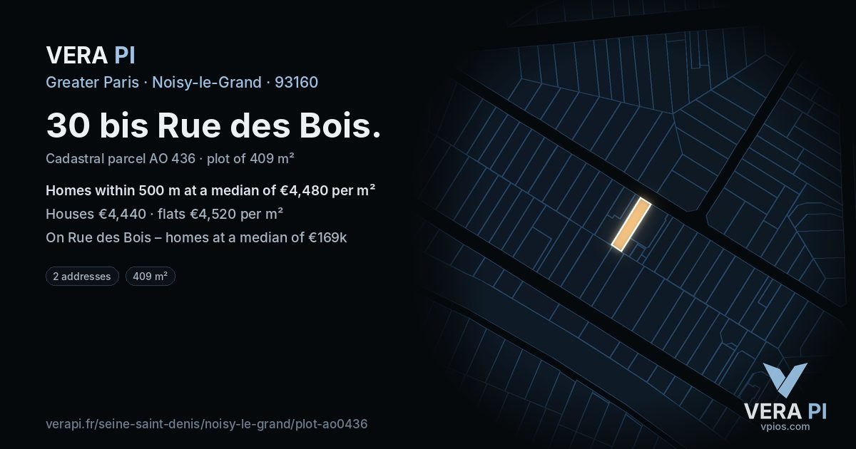 30 bis Rue des Bois, Noisy-le-Grand at night – the plot lit, the parcels around coloured by the prices near them