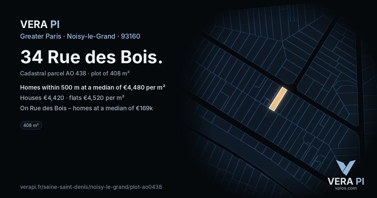 34 Rue des Bois, Noisy-le-Grand at night – the plot lit, the parcels around coloured by the prices near them