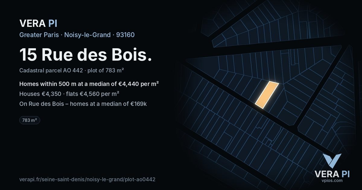 15 Rue des Bois, Noisy-le-Grand at night – the plot lit, the parcels around coloured by the prices near them