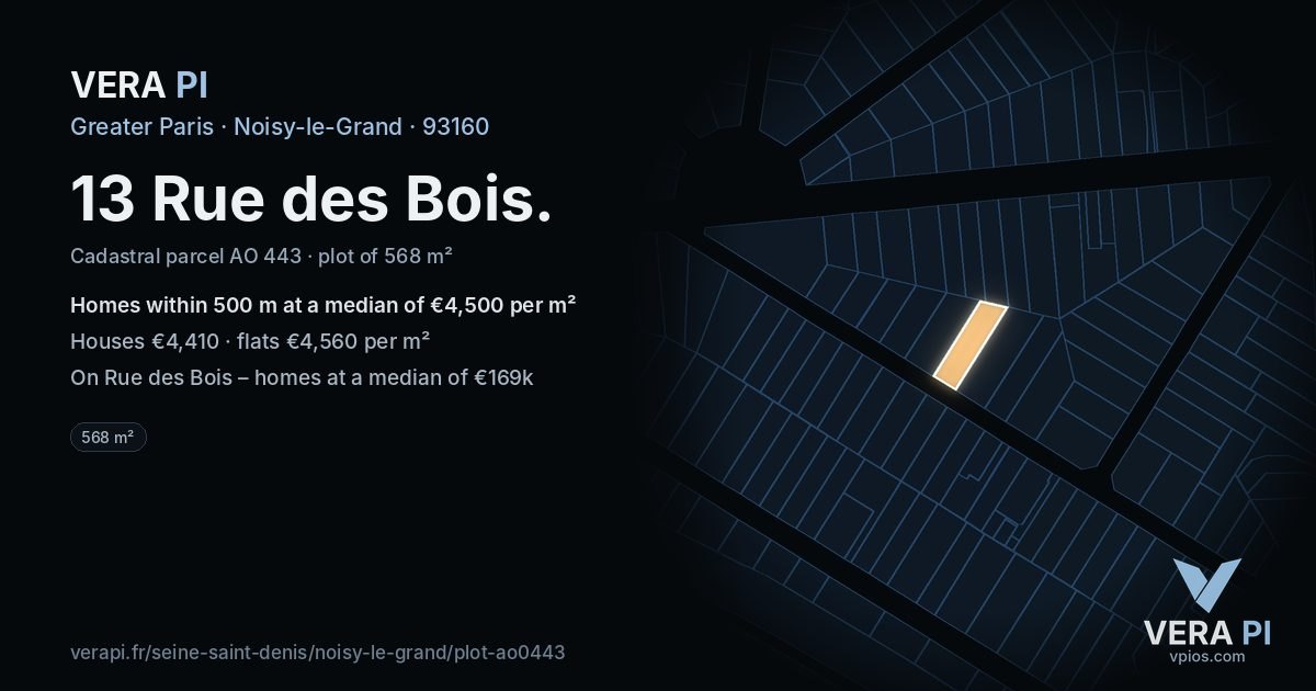 13 Rue des Bois, Noisy-le-Grand at night – the plot lit, the parcels around coloured by the prices near them