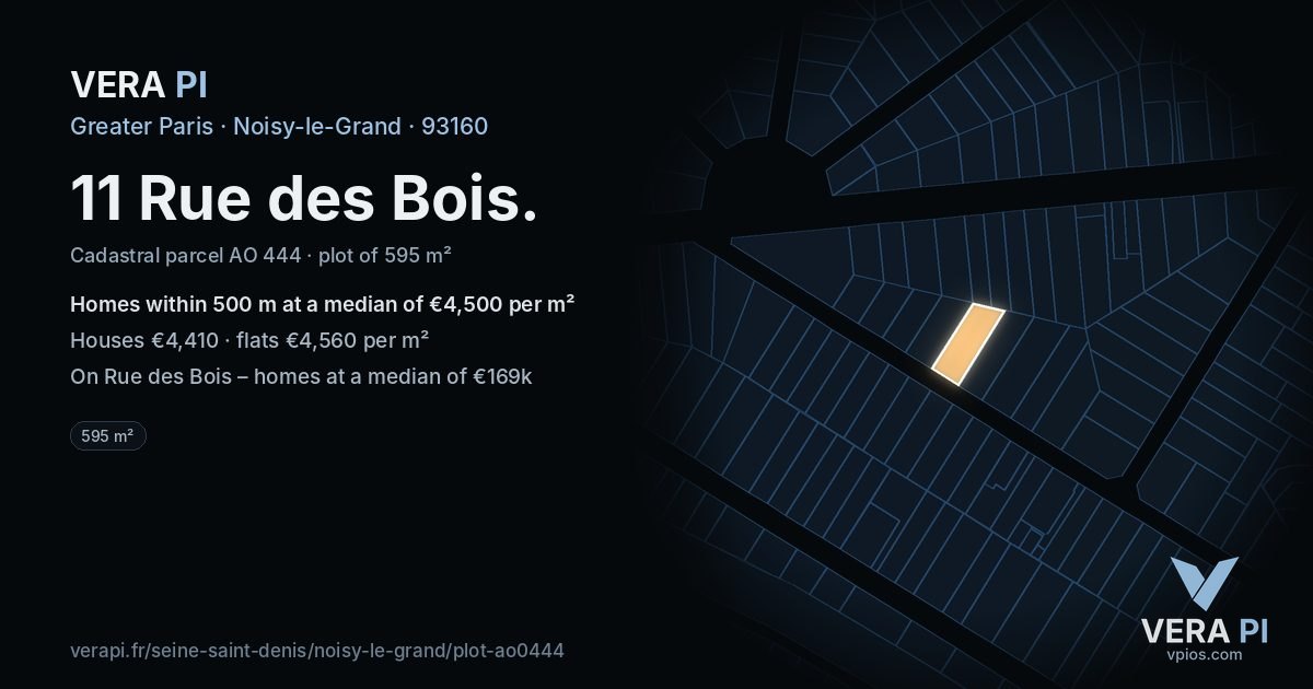 11 Rue des Bois, Noisy-le-Grand at night – the plot lit, the parcels around coloured by the prices near them