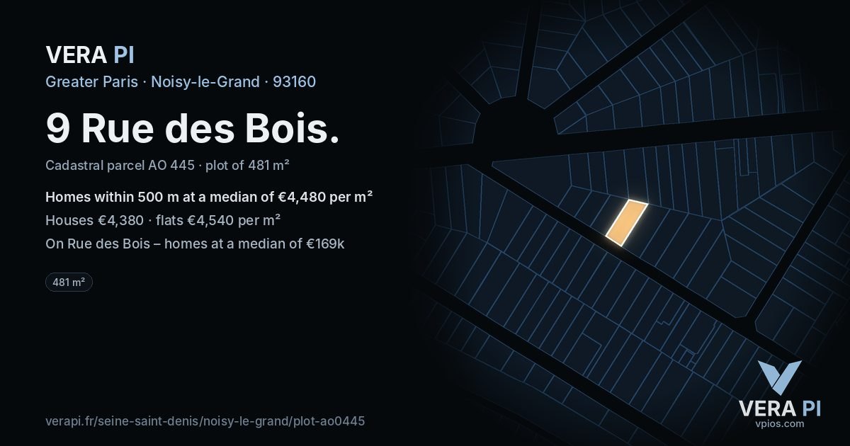 9 Rue des Bois, Noisy-le-Grand at night – the plot lit, the parcels around coloured by the prices near them