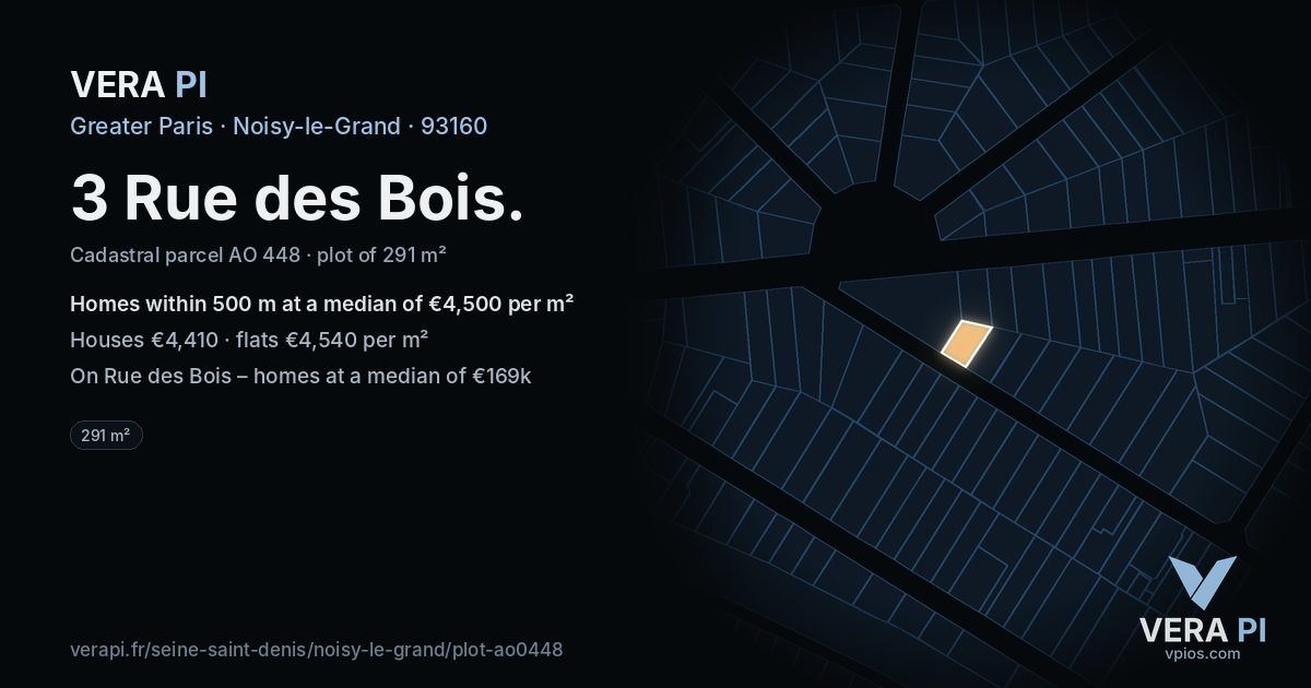 3 Rue des Bois, Noisy-le-Grand at night – the plot lit, the parcels around coloured by the prices near them