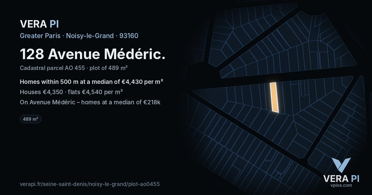 128 Avenue Médéric, Noisy-le-Grand at night – the plot lit, the parcels around coloured by the prices near them
