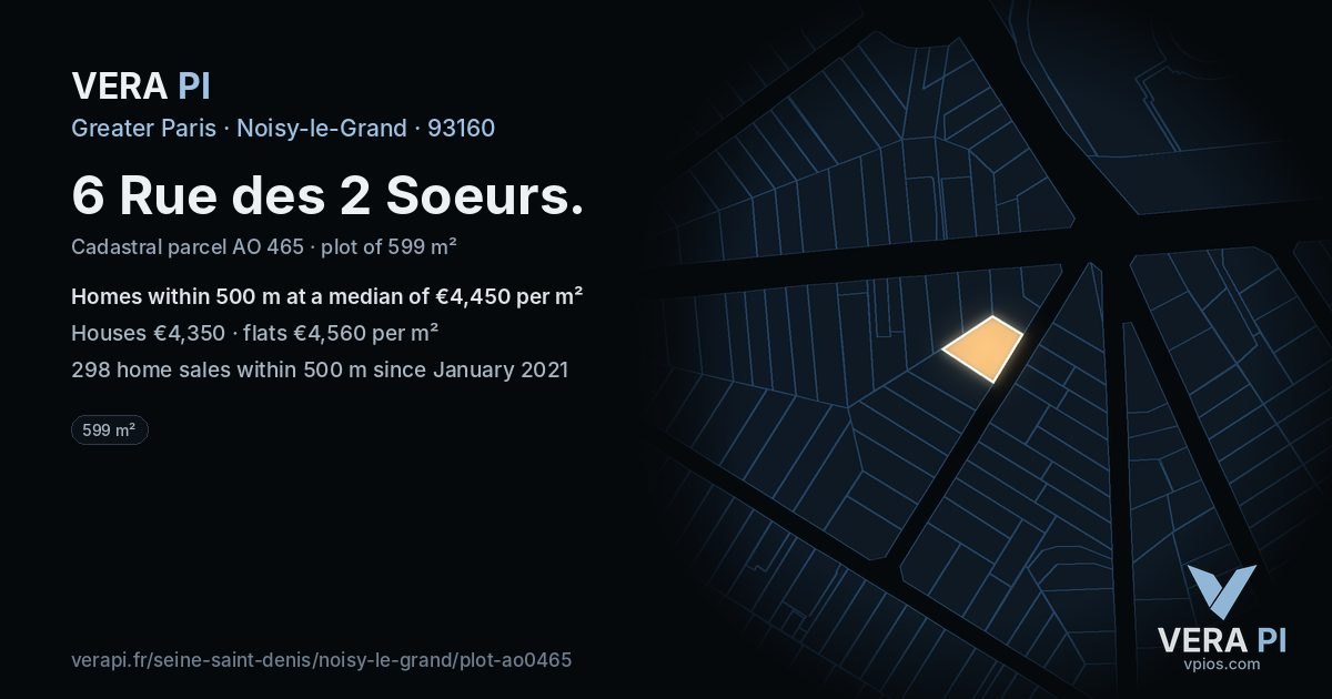 6 Rue des 2 Soeurs, Noisy-le-Grand at night – the plot lit, the parcels around coloured by the prices near them