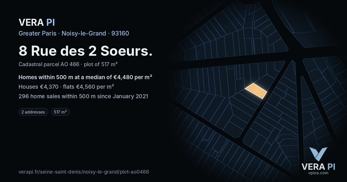 8 Rue des 2 Soeurs, Noisy-le-Grand at night – the plot lit, the parcels around coloured by the prices near them