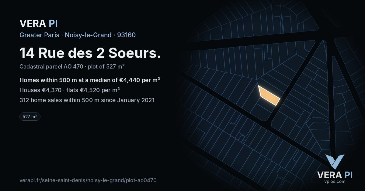14 Rue des 2 Soeurs, Noisy-le-Grand at night – the plot lit, the parcels around coloured by the prices near them
