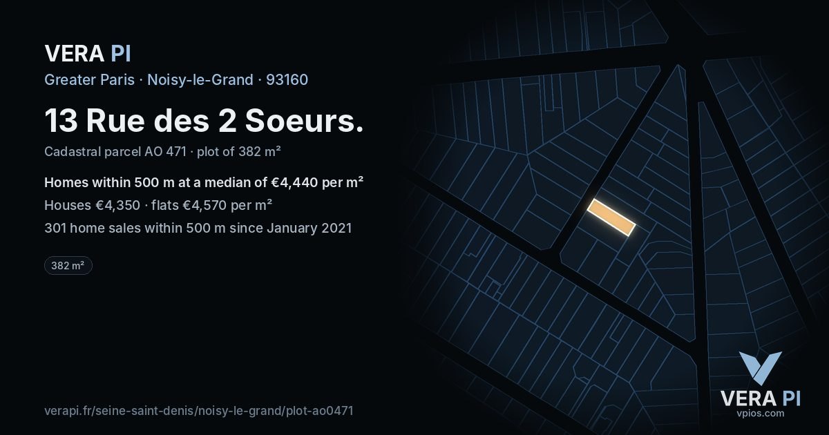 13 Rue des 2 Soeurs, Noisy-le-Grand at night – the plot lit, the parcels around coloured by the prices near them