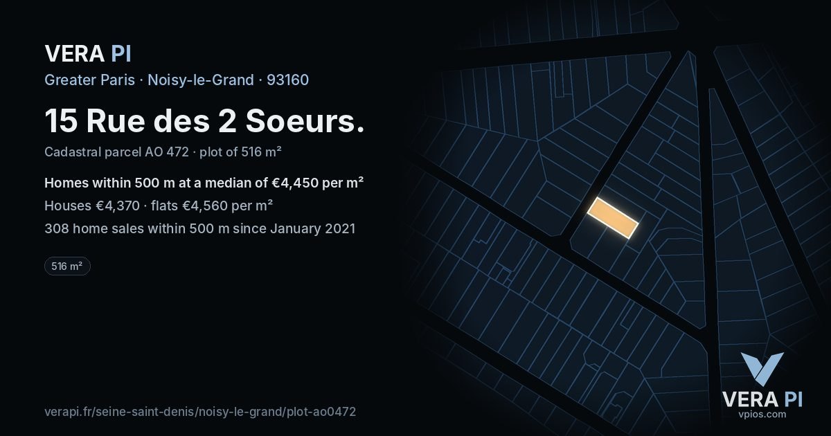 15 Rue des 2 Soeurs, Noisy-le-Grand at night – the plot lit, the parcels around coloured by the prices near them