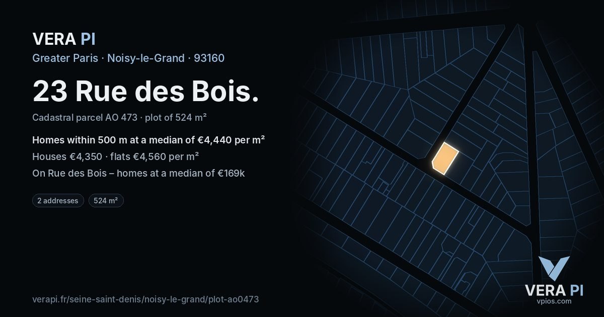 23 Rue des Bois, Noisy-le-Grand at night – the plot lit, the parcels around coloured by the prices near them