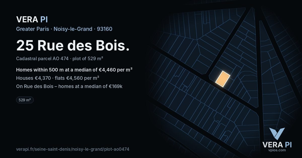25 Rue des Bois, Noisy-le-Grand at night – the plot lit, the parcels around coloured by the prices near them