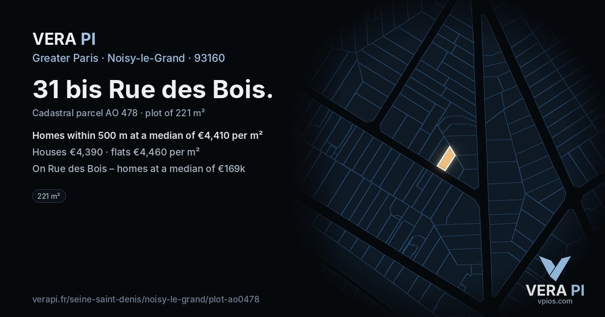 31 bis Rue des Bois, Noisy-le-Grand at night – the plot lit, the parcels around coloured by the prices near them