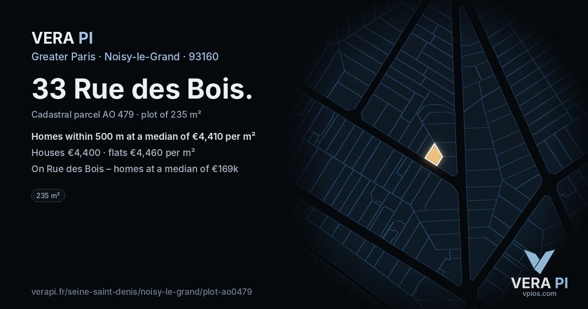 33 Rue des Bois, Noisy-le-Grand at night – the plot lit, the parcels around coloured by the prices near them